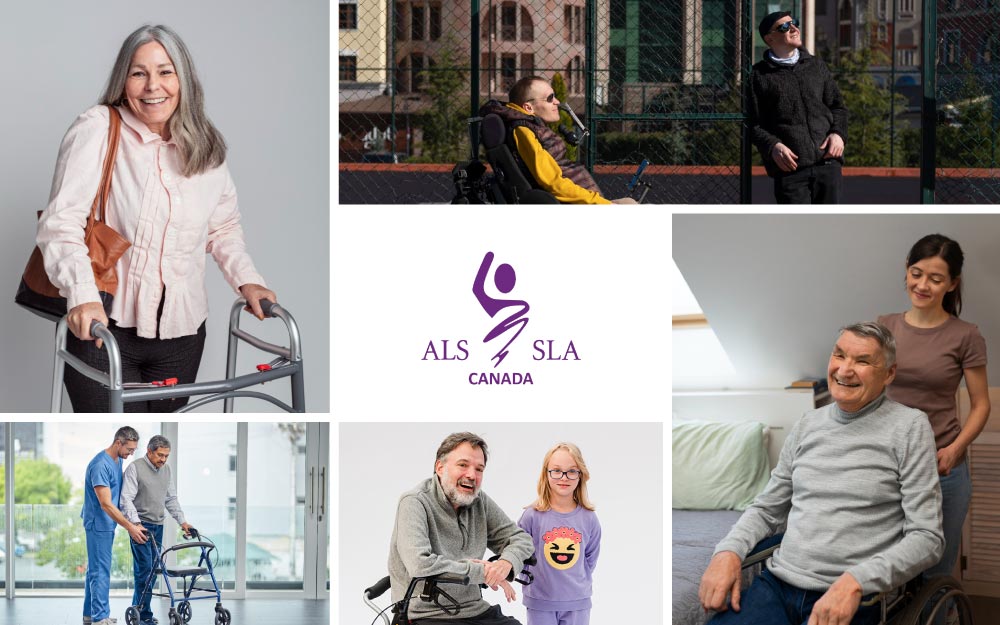 Collage of images related to ALS Society of Canada. Their logo is in the middle.