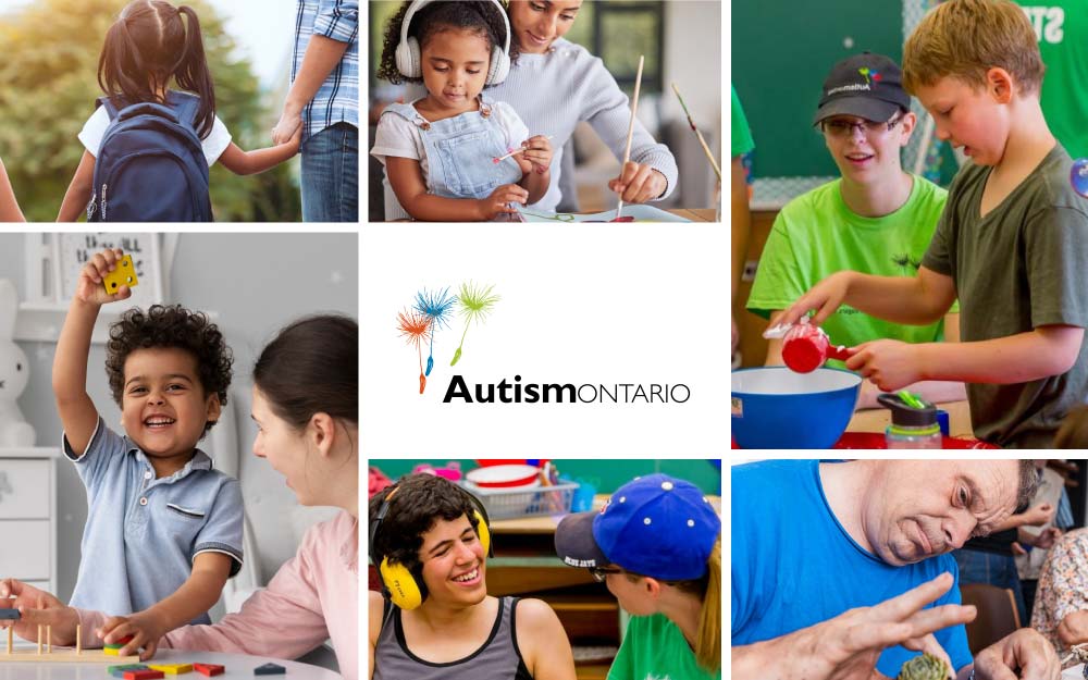 Collage of images related to Autism Ontario. Their logo is in the middle.