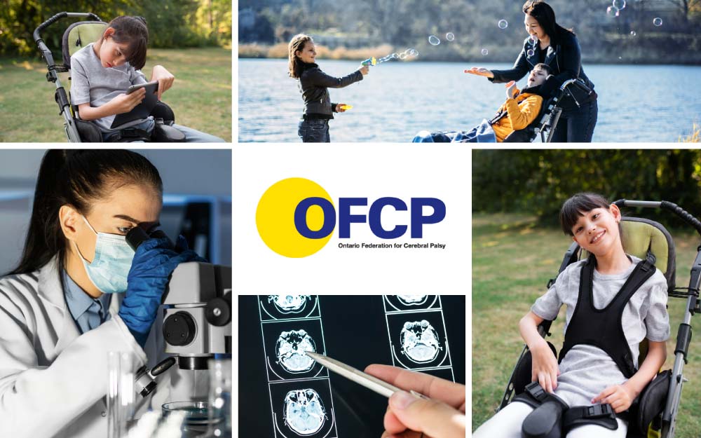 Collage of images related to Ontario Federation for Cerebral Palsy. Their logo is in the middle.