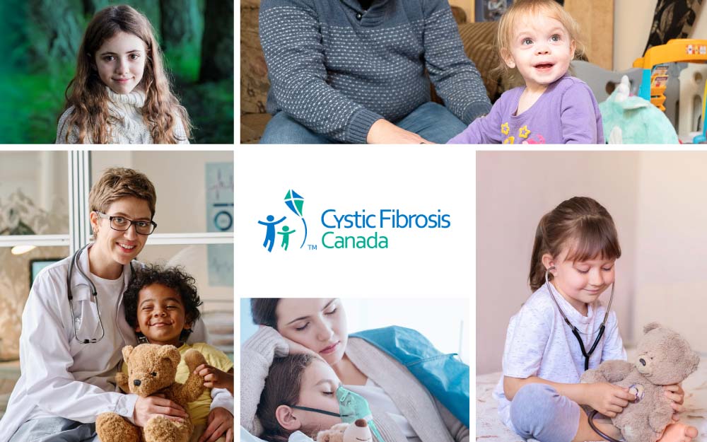 Collage of images related to Cystic Fibrosis Canada. Their logo is in the middle.