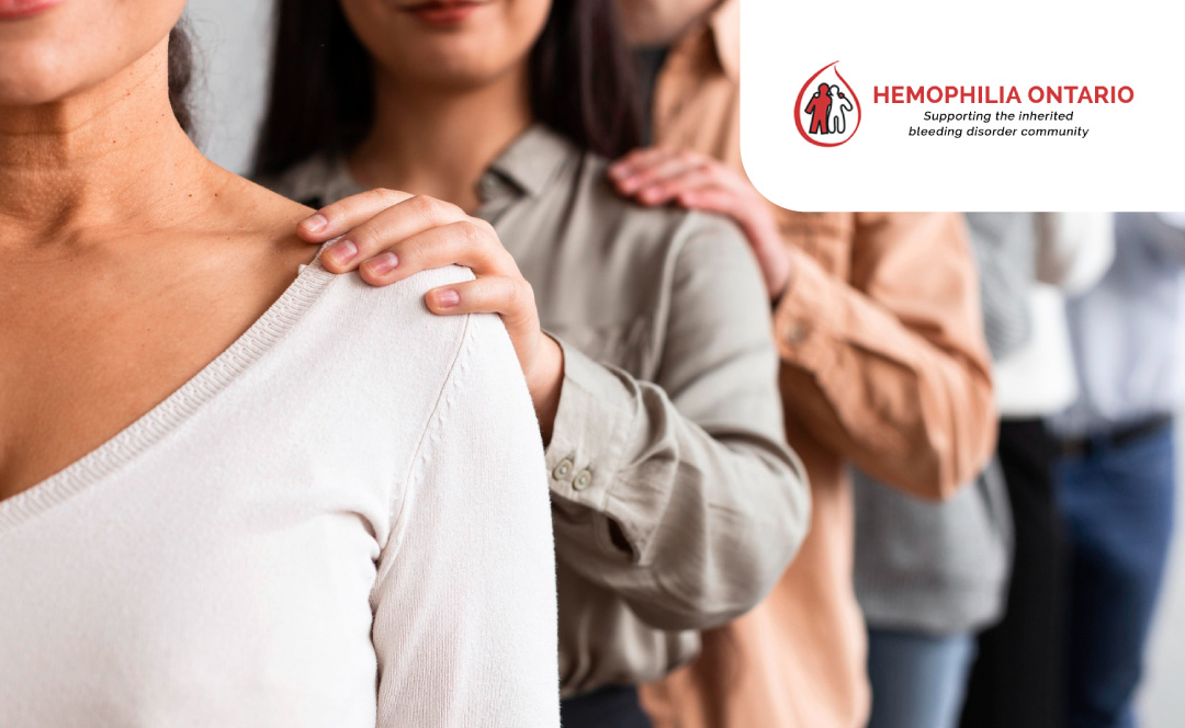 A line of people from different ethnicities with their hand on each others' shoulders. The logo of Hemophilia Ontario is on the corner.