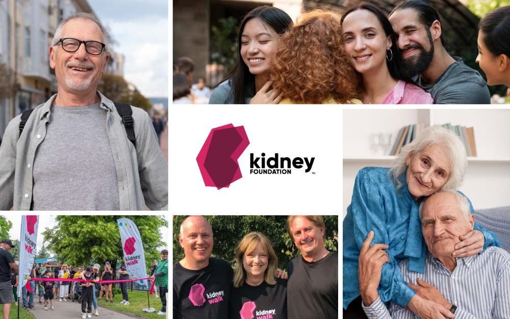 Collage of images related to The Kidney Foundation. Their logo is in the middle.
