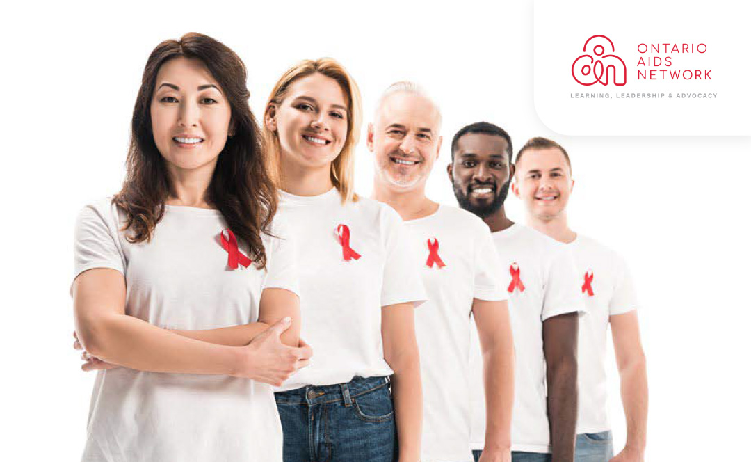 People from different genders, ages, and ethnicities together, with white t-shirts and the red ribbon on their chests. The Ontario AIDS Network logo is on the corner.