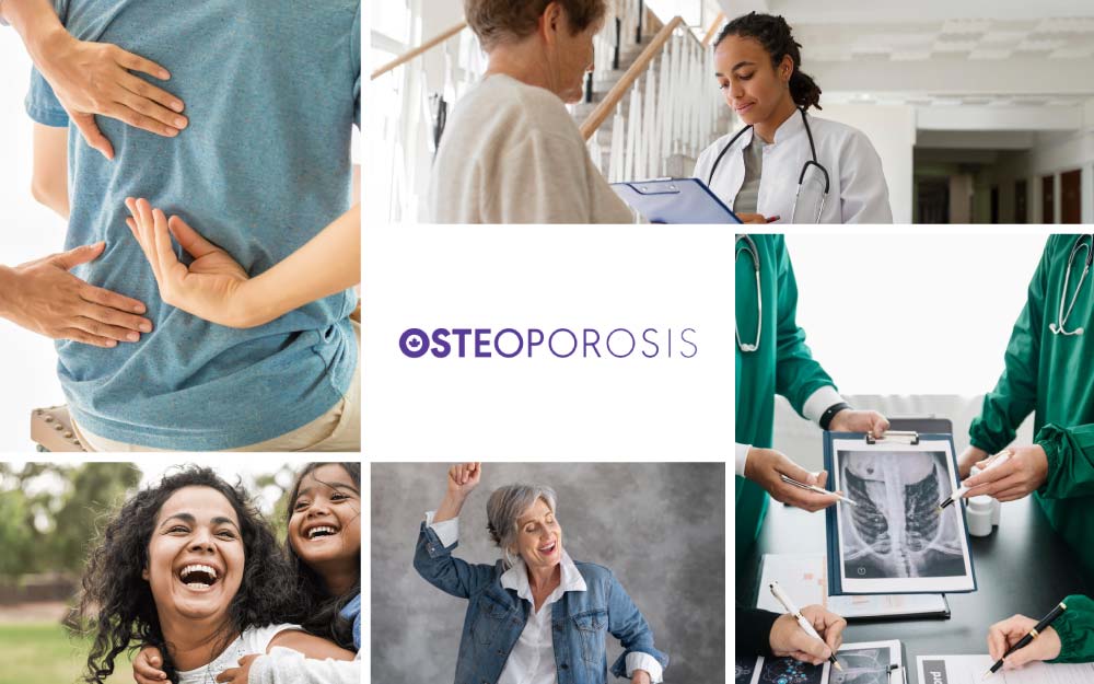 Collage of images related to Osteoporosis Canada. Their logo is in the middle.