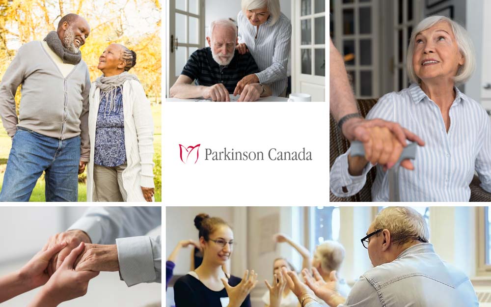 Collage of images related to Parkinson Canada. Their logo is in the middle.