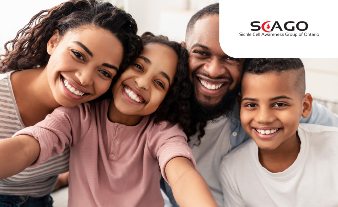 A black family is taking a selfie, all of them smiling. The logo of Sickle Cell Awareness Group of Ontario is on the corner.