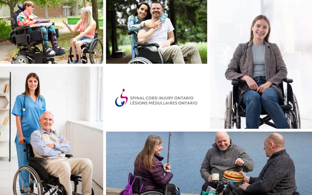 Collage of images related to Spinal Cord Injury Ontario. Their logo is in the middle.