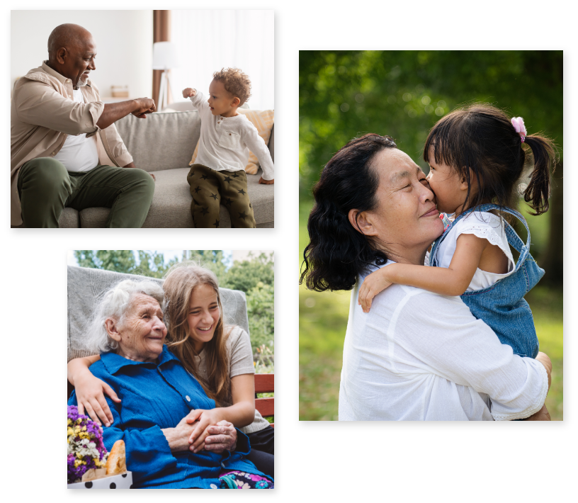 Collage of different images from several elder people of different ethnicities hugging youths.