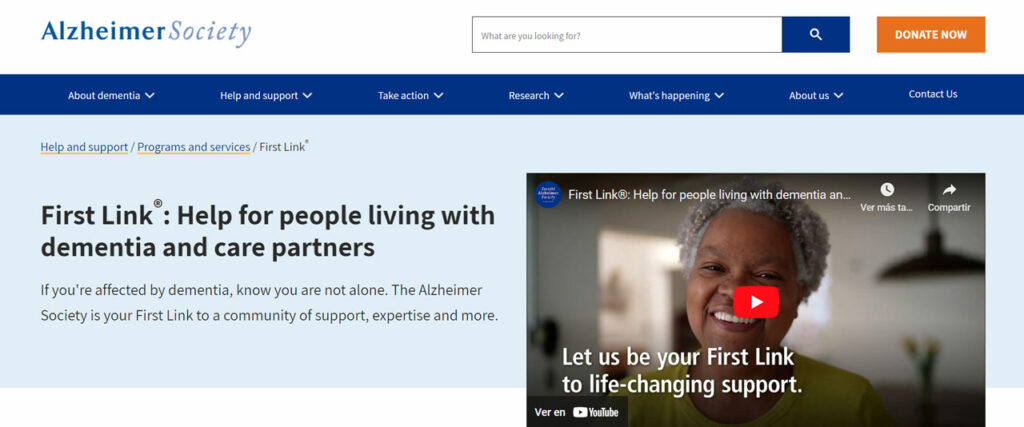 Screenshot of Alzheimer Society website showing Frst Link program content.
